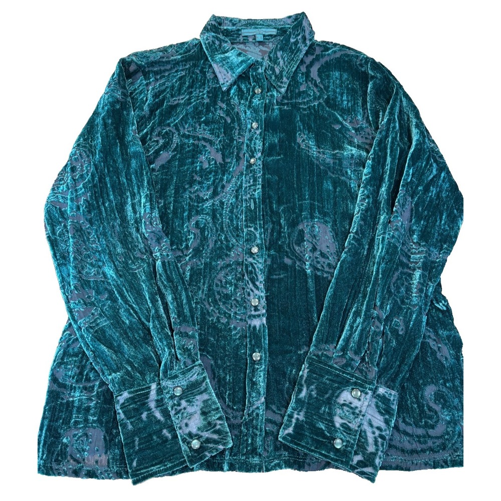 CYC green velvet burnout paisley button up long sleeve blouse womens' sz XL sexy